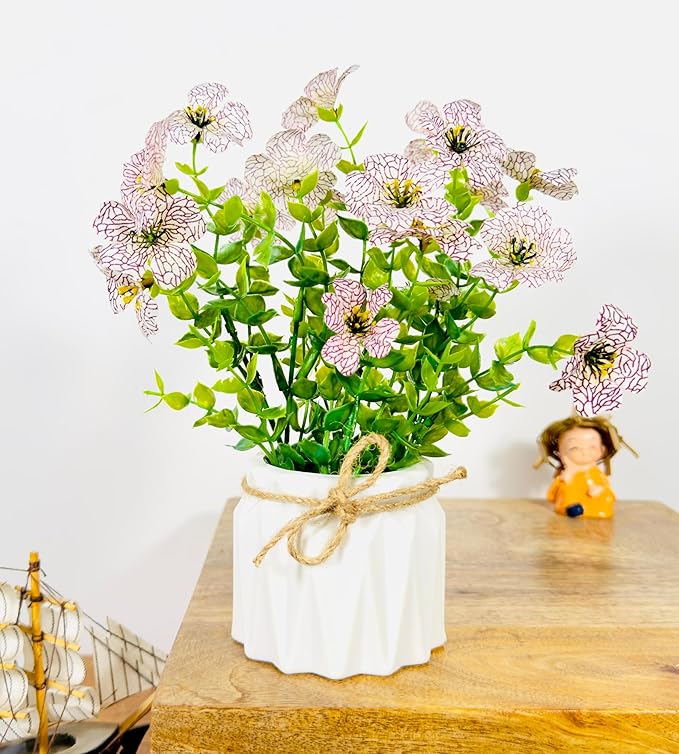 Dekorly Artificial Daisy Flower Eucalyptus Leves with Zigzag Pot Faux Flowers in Fake Flowers Bouquet for Table Decorations Home Office Kitchen Decor | Height 17 CM | Free Vase (Pack of 1)