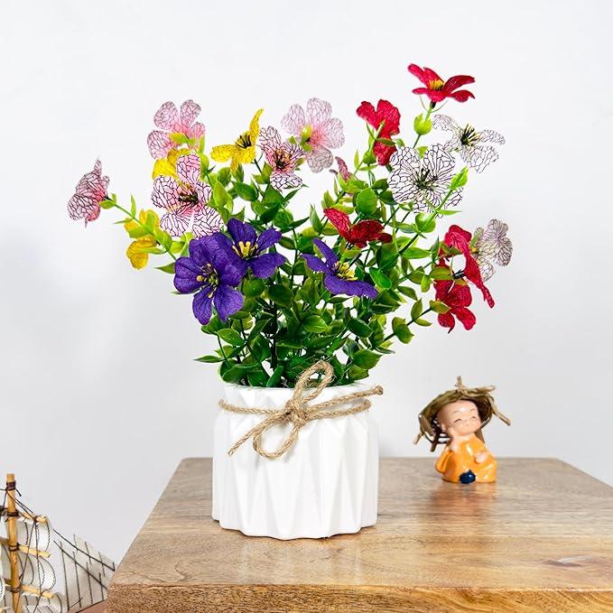 Dekorly Artificial Daisy Flower Eucalyptus Leves with Zigzag Pot Faux Flowers in Fake Flowers Bouquet for Table Decorations Home Office Kitchen Decor | Height 17 CM | Free Vase (Pack of 1)