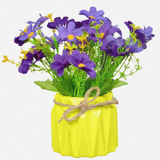 Dekorly Artificial Daisy Flowers Plastic Pot Flowers in Fake Flowers Bouquet for Table Decorations Artificial Plant Home Office Decor | Height 15 CM (Pack of 4)