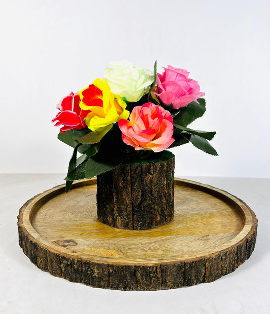Dekorly Artificial Sunflowers, Rose, Anthurium Fake Flowers Potted Artificial Plants Decorative Artificial Flowers Indoors for Home Office | Natural Wooden Pot (Multicolor-Silk Rose, Height : 18CM)