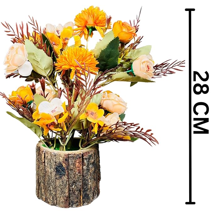 Dekorly Artificial Chrysanthemum with Hydrangea Rose Flowers with Barwood Pot in Fake Flowers Bouquet for Centerpiece Table Decorations Home Office Kitchen Decor | Height 28 CM