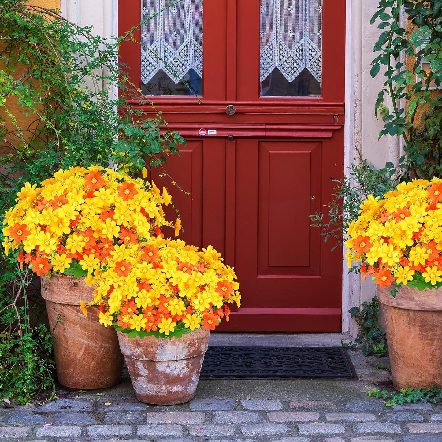 Dekorly Fall Flowers Artificial Daisy Outdoor Fake Mums Flowers UV Resistant Silk Wild Flower Bouquets Bulk Faux Plants for Decoration Vase Floral Spring Home Decor | Height 40 CM (Orange)