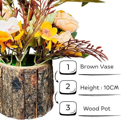 Dekorly Artificial Chrysanthemum with Hydrangea Rose Flowers with Barwood Pot in Fake Flowers Bouquet for Centerpiece Table Decorations Home Office Kitchen Decor | Height 28 CM