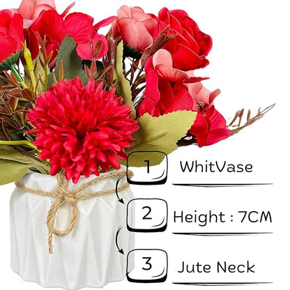 White vase with red flowers and jute neck, labeled with dimensions and features.