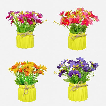 Four sets of artificial flowers in yellow pots on a white background