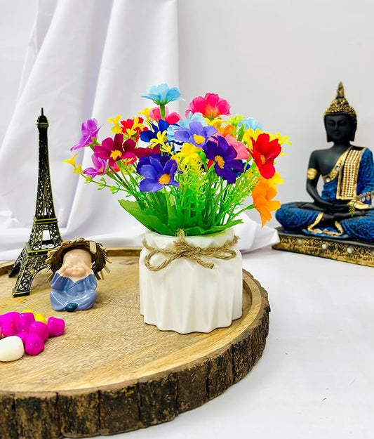 Dekorly Artificial Daisy Flowers with Zigzag Pot Faux Flowers in Fake Flowers Bouquet for Table Decorations Home Office Kitchen Decor | Height 12 CM | (Multicolor)