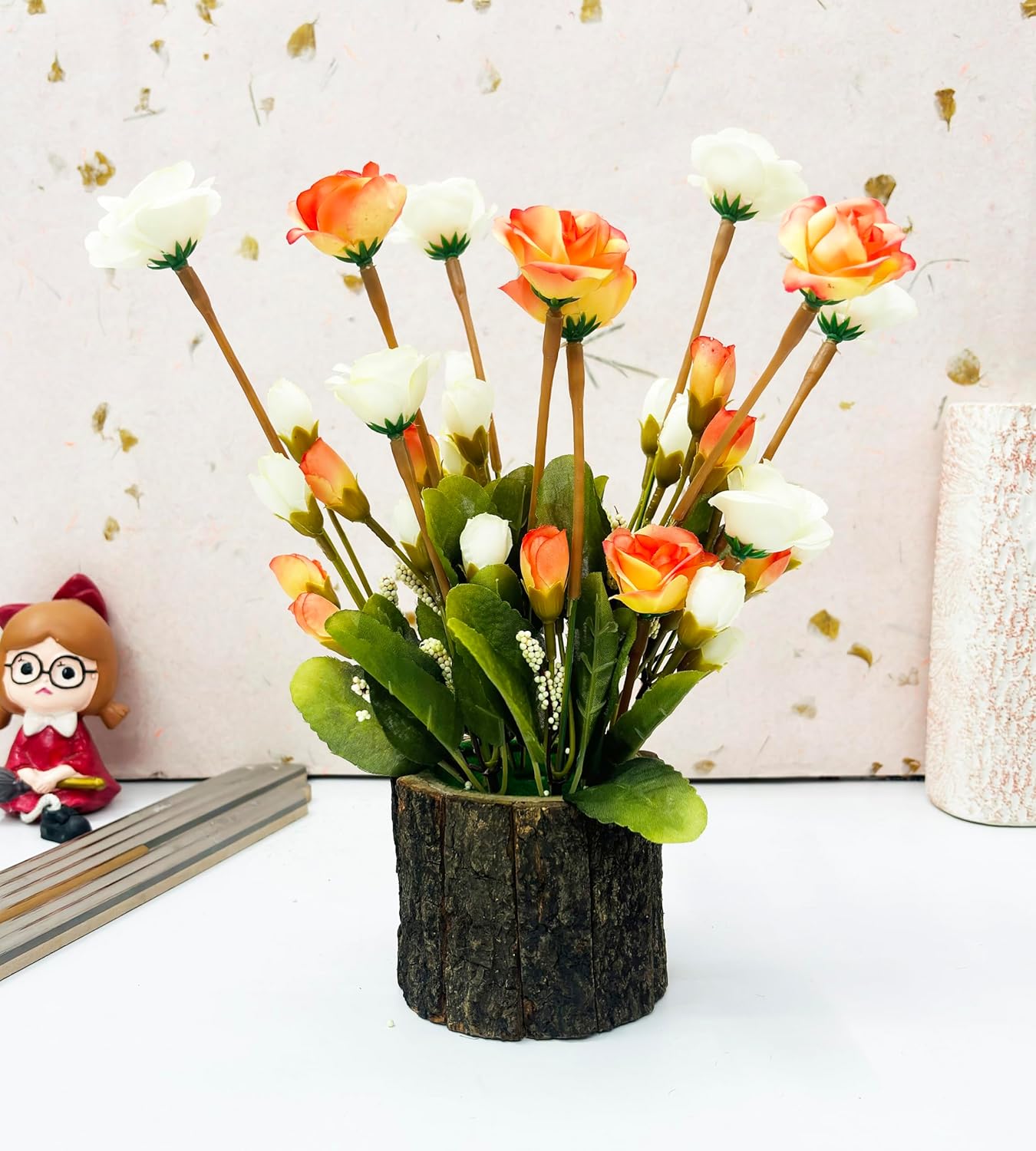 Dekorly Artificial Silky Daisy Flower Bunch with Plastic Wooden Pot Bonsai for Home Decor, Office Decor, Balcony, Living Room, Garden, Valentines Day Decoration | Multicolor Flowers