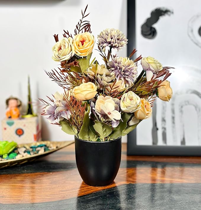 Dekorly Artificial Chrysanthemum with Hydrangea Rose Flowers with BlackCool Pot in Fake Flowers Bouquet for Centerpiece Table Decorations Home Office Kitchen Decor | Height 30 CM