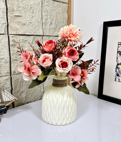 Dekorly Artificial Chrysanthemum with Hydrangea Rose Flowers with Jute Pot Faux Flowers in Fake Flowers Bouquet for Centerpiece Table Decorations Home Office Kitchen Decor | Height 30 CM (Pink)