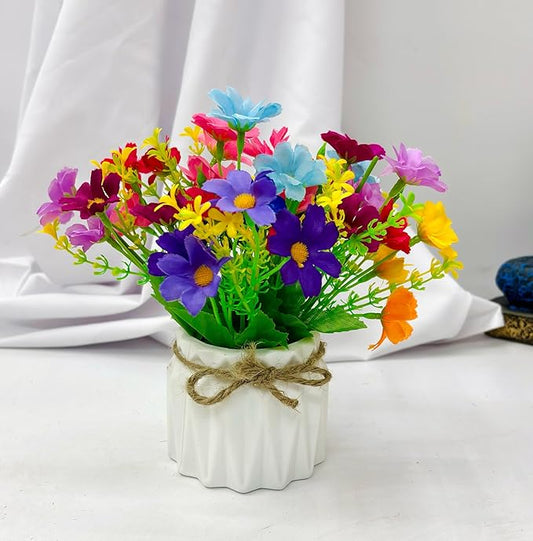Dekorly Artificial Daisy Flowers with Zigzag Pot Faux Flowers in Fake Flowers Bouquet for Table Decorations Home Office Kitchen Decor | Height 12 CM | (Multicolor)