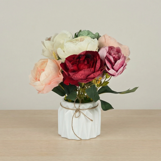 Dekorly Artificial Peony Flowers Multicolor 18cm in Pot | Premium Faux Flower Plant for Home Decor, Office Desk, Living Room Table, Bedroom Shelf Decoration