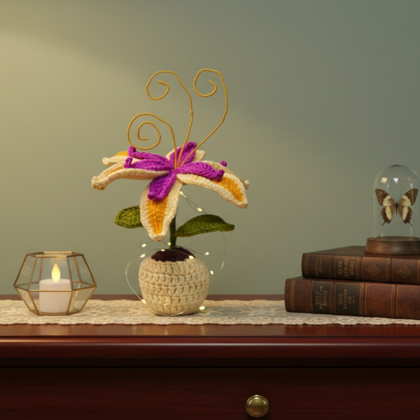Dekorly Artificial Lily Flower Plant with Pot 9 Inch Height Handmade Crochet Knit Decorative Table Top Flower for Home Office Desk Living Room Decor Gift Item