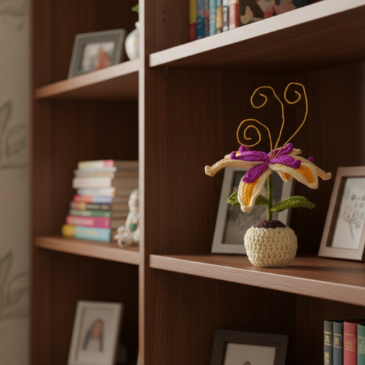 Dekorly Artificial Lily Flower Plant with Pot 9 Inch Height Handmade Crochet Knit Decorative Table Top Flower for Home Office Desk Living Room Decor Gift Item