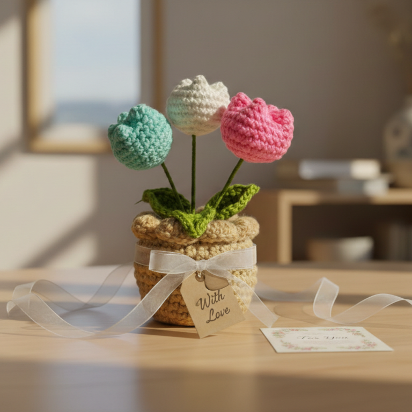 Dekorly Artificial Tulip 3 Head Multicolor Crochet Flower Plant with Pot 6.5 Inch Height Handmade Knitted Tulip Bouquet Table Top Home Office Desk Decor Cute Gift