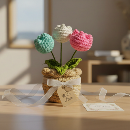Dekorly Artificial Tulip 3 Head Multicolor Crochet Flower Plant with Pot 6.5 Inch Height Handmade Knitted Tulip Bouquet Table Top Home Office Desk Decor Cute Gift