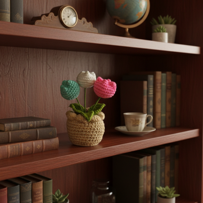 Dekorly Artificial Tulip 3 Head Multicolor Crochet Flower Plant with Pot 6.5 Inch Height Handmade Knitted Tulip Bouquet Table Top Home Office Desk Decor Cute Gift