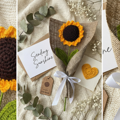 Dekorly Artificial Sunflower Crochet Flower Bunch 8 Inch Handmade Knitted Sunflower Plant Decorative Table Top Home Office Desk Decor Gift Valentine Item