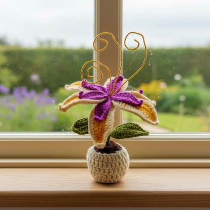 Dekorly Artificial Lily Flower Plant with Pot 9 Inch Height Handmade Crochet Knit Decorative Table Top Flower for Home Office Desk Living Room Decor Gift Item