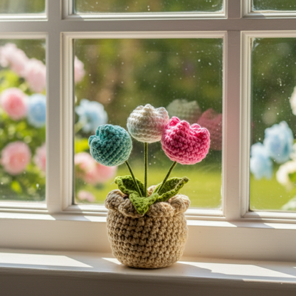 Dekorly Artificial Tulip 3 Head Multicolor Crochet Flower Plant with Pot 6.5 Inch Height Handmade Knitted Tulip Bouquet Table Top Home Office Desk Decor Cute Gift