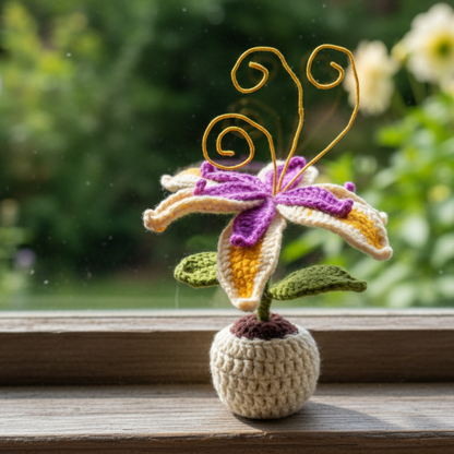 Dekorly Artificial Lily Flower Plant with Pot 9 Inch Height Handmade Crochet Knit Decorative Table Top Flower for Home Office Desk Living Room Decor Gift Item