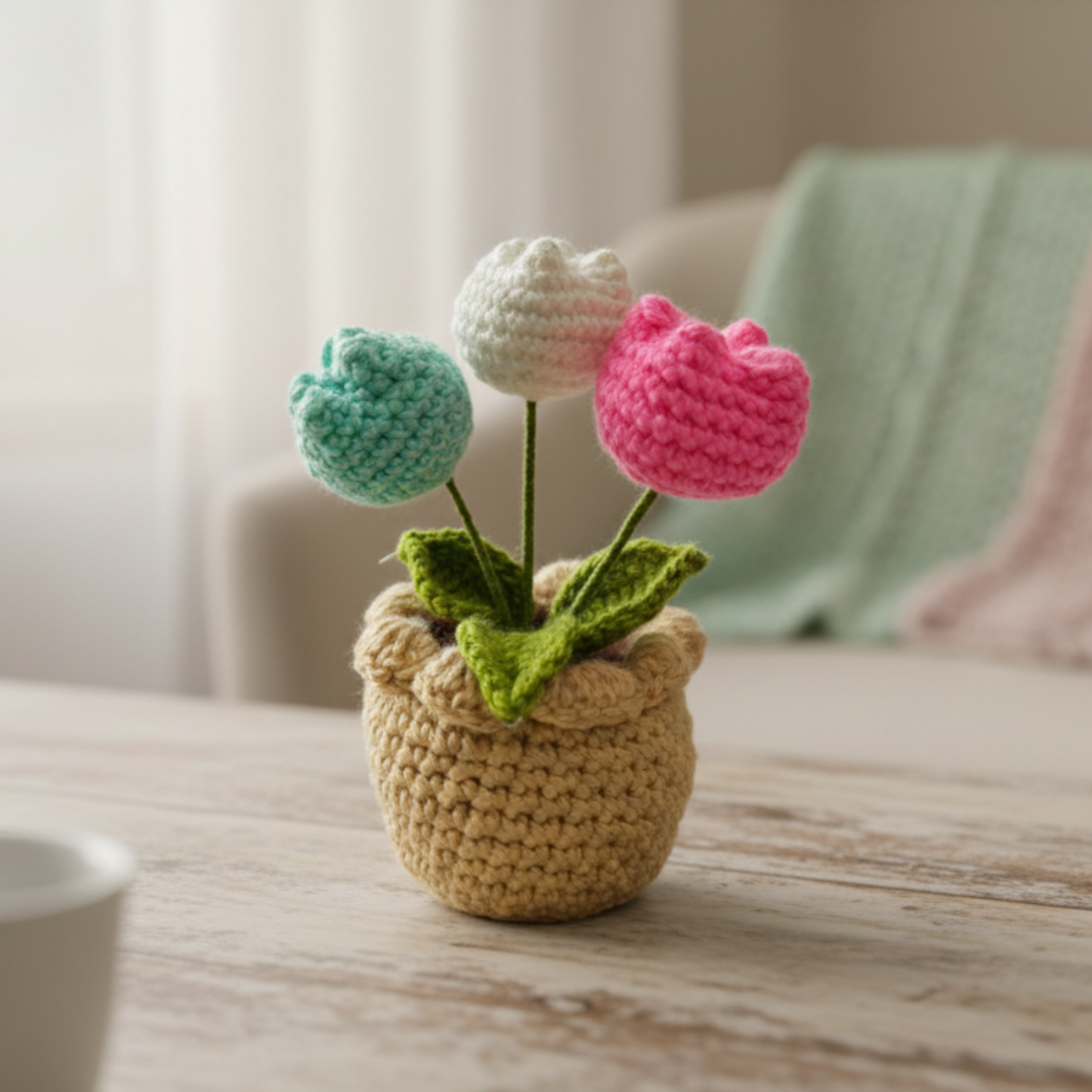 Dekorly Artificial Tulip 3 Head Multicolor Crochet Flower Plant with Pot 6.5 Inch Height Handmade Knitted Tulip Bouquet Table Top Home Office Desk Decor Cute Gift