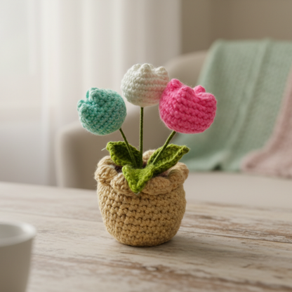 Dekorly Artificial Tulip 3 Head Multicolor Crochet Flower Plant with Pot 6.5 Inch Height Handmade Knitted Tulip Bouquet Table Top Home Office Desk Decor Cute Gift