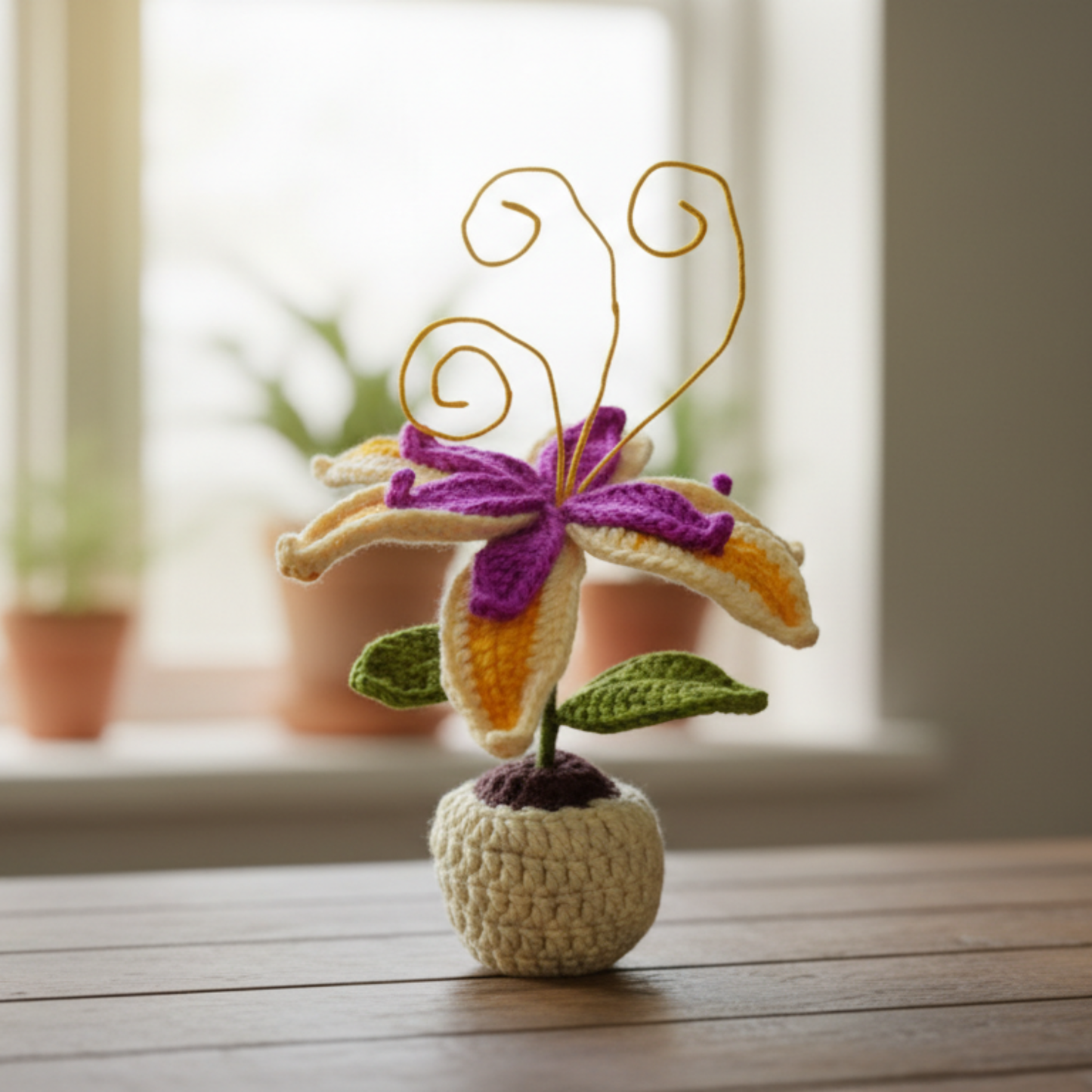 Dekorly Artificial Lily Flower Plant with Pot 9 Inch Height Handmade Crochet Knit Decorative Table Top Flower for Home Office Desk Living Room Decor Gift Item