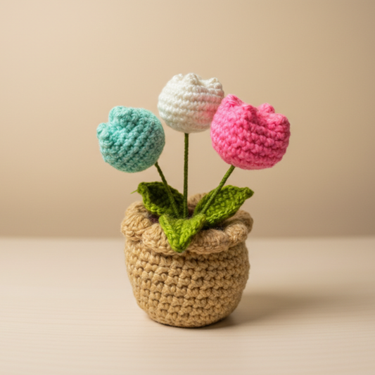 Dekorly Artificial Tulip 3 Head Multicolor Crochet Flower Plant with Pot 6.5 Inch Height Handmade Knitted Tulip Bouquet Table Top Home Office Desk Decor Cute Gift