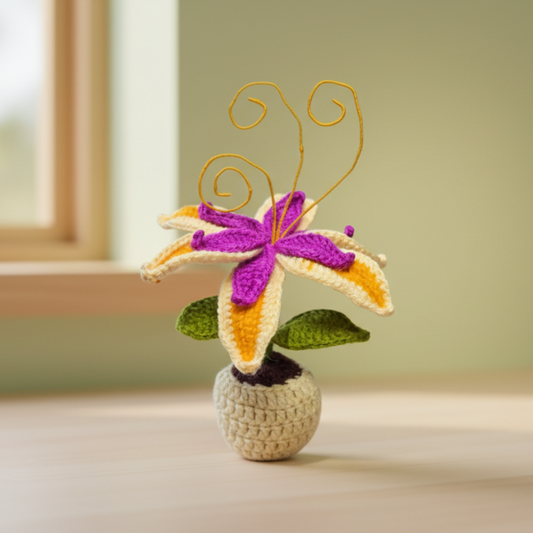 Dekorly Artificial Lily Flower Plant with Pot 9 Inch Height Handmade Crochet Knit Decorative Table Top Flower for Home Office Desk Living Room Decor Gift Item
