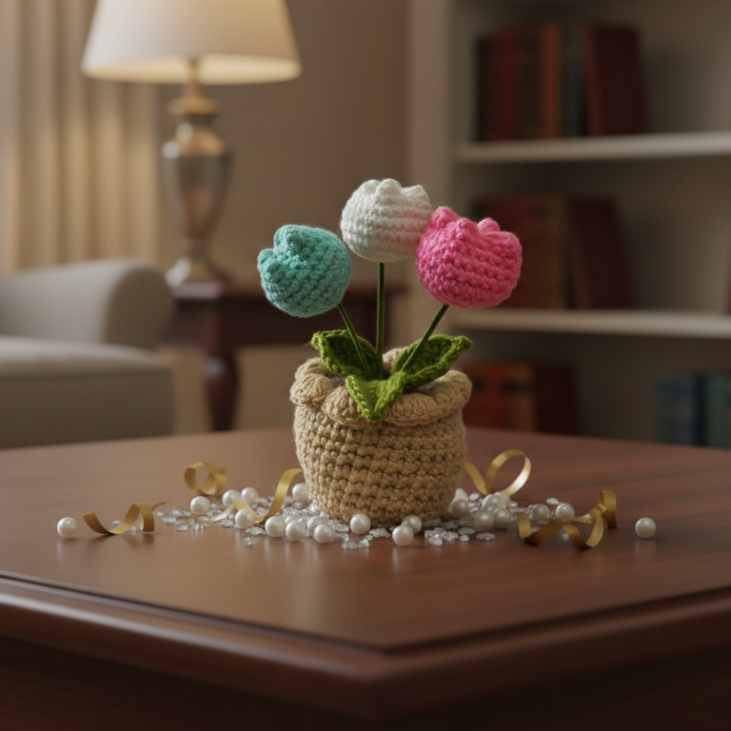 Dekorly Artificial Tulip 3 Head Multicolor Crochet Flower Plant with Pot 6.5 Inch Height Handmade Knitted Tulip Bouquet Table Top Home Office Desk Decor Cute Gift