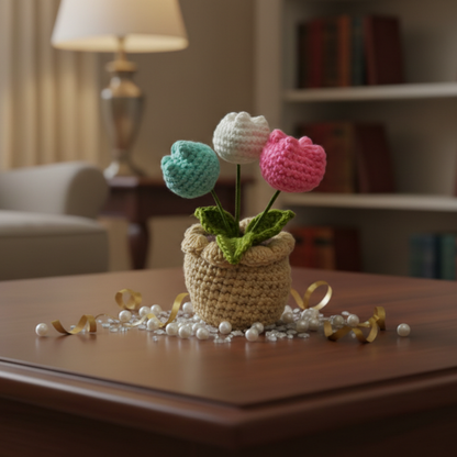 Dekorly Artificial Tulip 3 Head Multicolor Crochet Flower Plant with Pot 6.5 Inch Height Handmade Knitted Tulip Bouquet Table Top Home Office Desk Decor Cute Gift