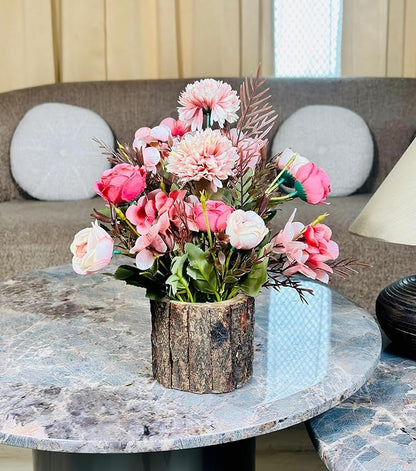 Dekorly Artificial Chrysanthemum with Hydrangea Rose Flowers with Barwood Pot in Fake Flowers Bouquet for Centerpiece Table Decorations Home Office Kitchen Decor | Height 28 CM