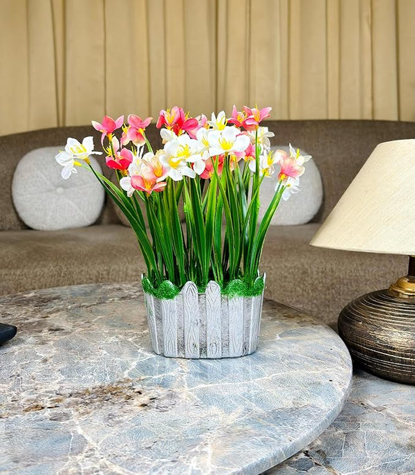 Dekorly Artificial Grass Bush with Daisy Flowers Special Tab Pot, Office Bedroom Living Room Tabletop Bathroom Decor for Plants Home Wedding Farmhouse Decor | Height 30 CM | Free Vase