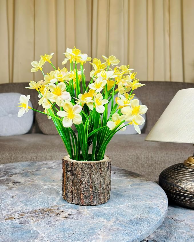 Dekorly Artificial Grass Bush with Daisy Flowers Barkwood Pot Plants, Office Bedroom Living Room Tabletop Bathroom Decor for Plants Home Wedding Farmhouse Decor | Height 30 CM