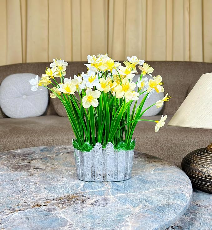 Dekorly Artificial Grass Bush with Daisy Flowers Special Tab Pot, Office Bedroom Living Room Tabletop Bathroom Decor for Plants Home Wedding Farmhouse Decor | Height 30 CM | Free Vase