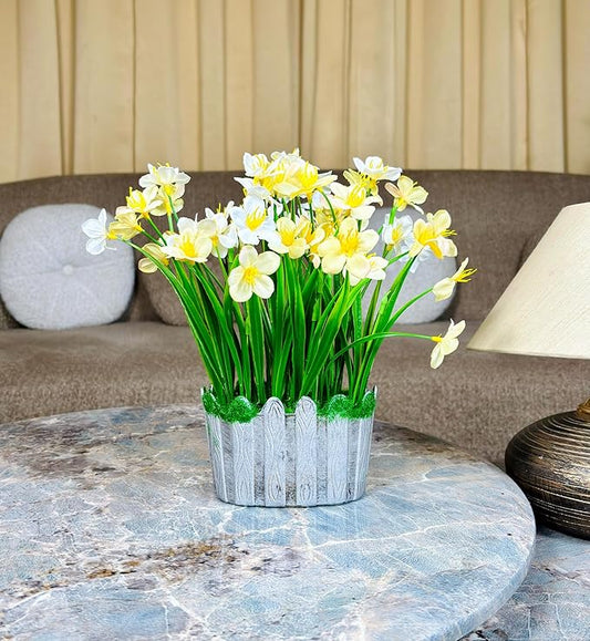 Dekorly Artificial Grass Bush with Daisy Flowers Special Tab Pot, Office Bedroom Living Room Tabletop Bathroom Decor for Plants Home Wedding Farmhouse Decor | Height 30 CM | Free Vase