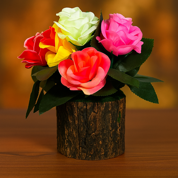 Dekorly Artificial Sunflowers, Rose, Anthurium Fake Flowers Potted Artificial Plants Decorative Artificial Flowers Indoors for Home Office | Natural Wooden Pot (Multicolor-Silk Rose, Height : 18CM)
