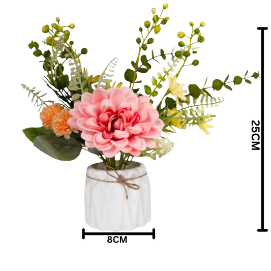 Dekorly 25cm Artificial Chrysanthemum Floral Arrangement – Burgundy & Yellow Blooms with Greenery in Decorative White Pot with Rope Tie | Faux Flower Centerpiece for Home & Office Décor