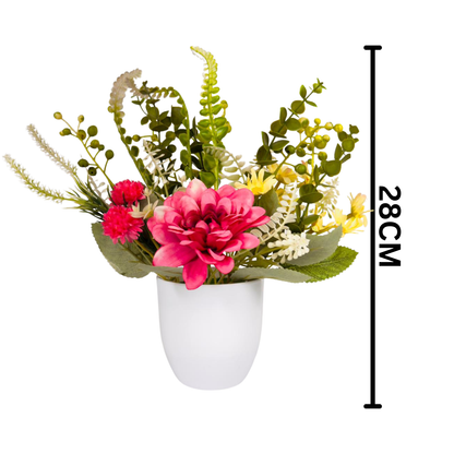 Dekorly Premium Faux Flower Chrysanthemum 28CM with Greenery- Burgundy & Yellow Bloom Mix in White Vase | Elegant Home Décor Vase Display