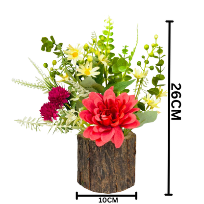 Dekorly 26cm Artificial Chrysanthemum Flower Arrangement – Burgundy & Yellow Blooms with Greenery in Rustic Wood-Style Pot | Lifelike Faux Floral Centerpiece for Home & Office Décor