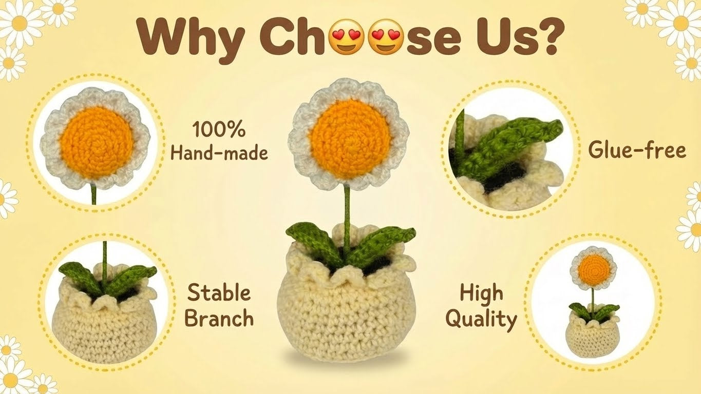 Dekorly Handmade Crochet White Daisy Flower Pot Décor – Yarn Floral Tabletop Showpiece for Home, Office & Gift Use (6 Inch Height)