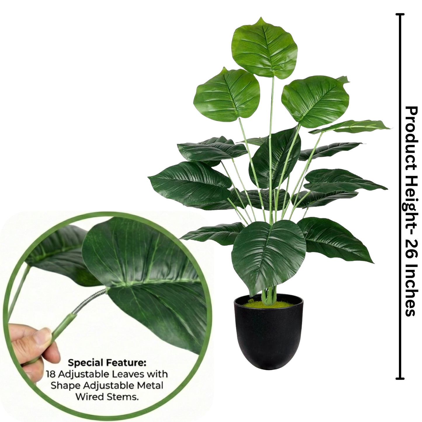 Dekorly Plastic Artificial Palm Plants Leaves Faux Turtle Leaf Monstera Tropical Large Palm Tree Leaves Outdoor Leaf Decorations | 26Inch Plants with Blackpot (Green Leaves)