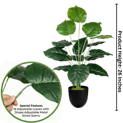 Dekorly Plastic Artificial Palm Plants Leaves Faux Turtle Leaf Monstera Tropical Large Palm Tree Leaves Outdoor Leaf Decorations | 26Inch Plants with Blackpot (Green Leaves)