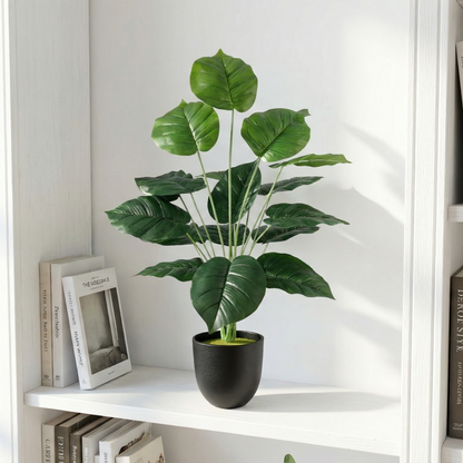 Dekorly Plastic Artificial Palm Plants Leaves Faux Turtle Leaf Monstera Tropical Large Palm Tree Leaves Outdoor Leaf Decorations | 26Inch Plants with Blackpot (Green Leaves)