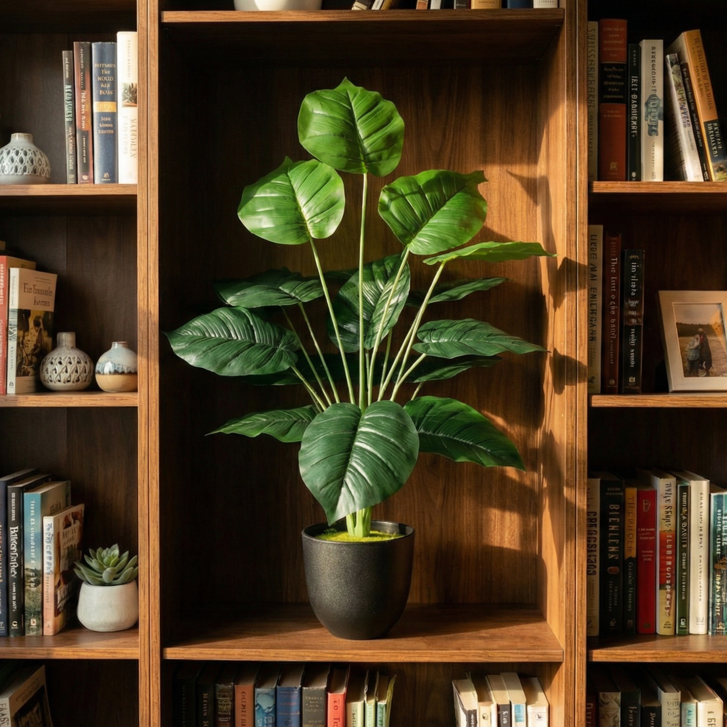 Dekorly Plastic Artificial Palm Plants Leaves Faux Turtle Leaf Monstera Tropical Large Palm Tree Leaves Outdoor Leaf Decorations | 26Inch Plants with Blackpot (Green Leaves)