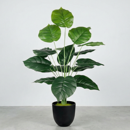 Dekorly Plastic Artificial Palm Plants Leaves Faux Turtle Leaf Monstera Tropical Large Palm Tree Leaves Outdoor Leaf Decorations | 26Inch Plants with Blackpot (Green Leaves)