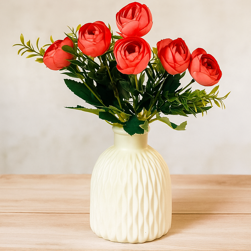 White textured vase with red roses on a wooden surface