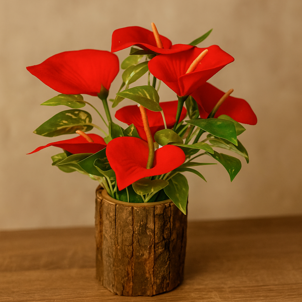 Artificial red flower arrangement in a wooden pot on a wooden surface with a beige background