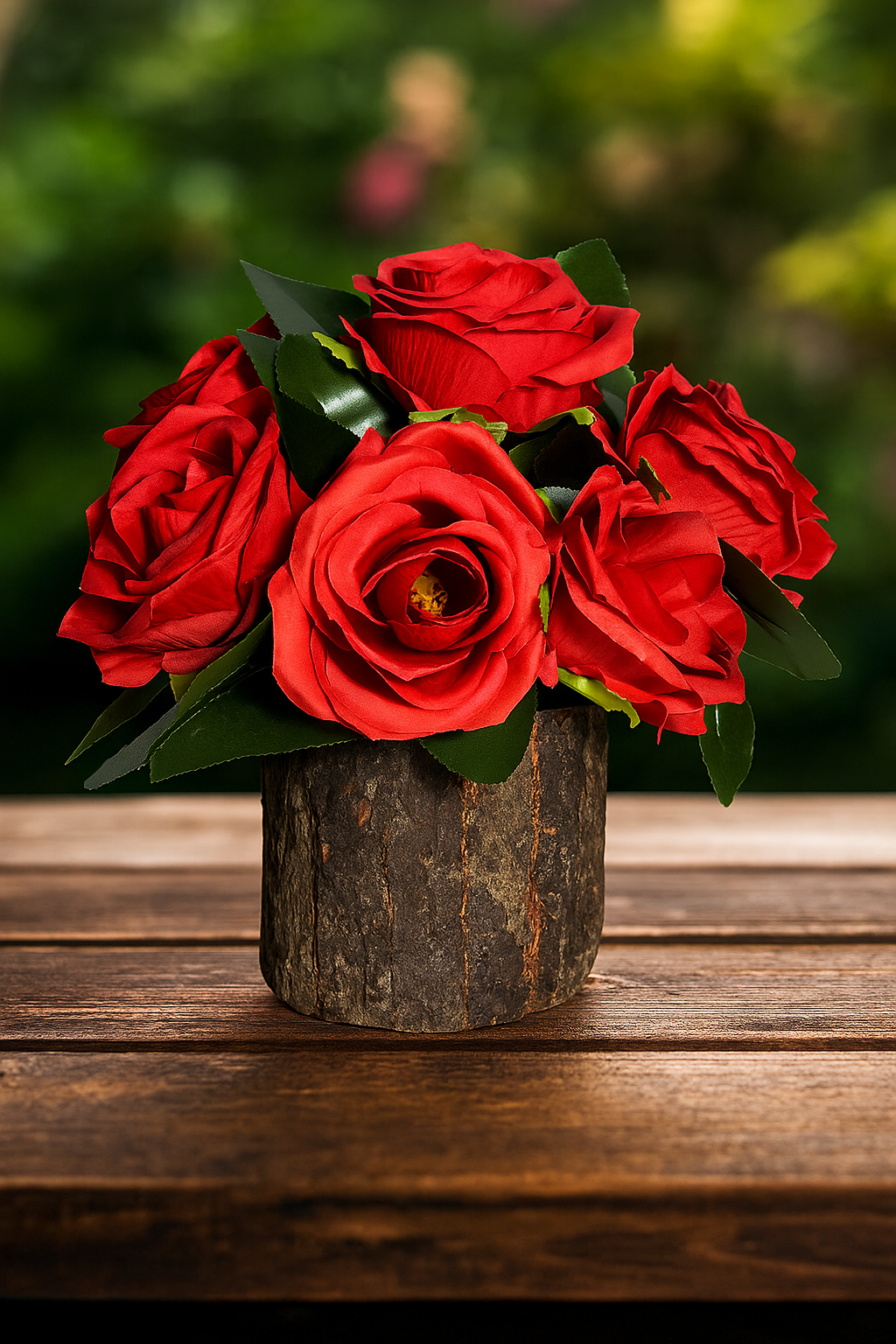 Bouquet of red roses in a wooden vase on a wooden surface with a blurred green background

