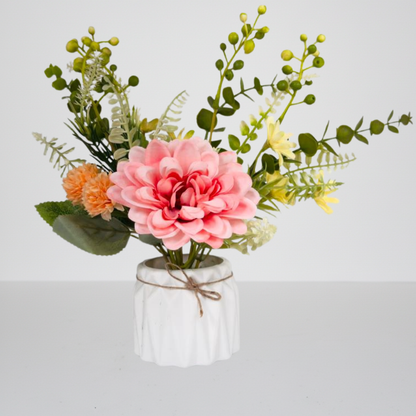 Dekorly 25cm Artificial Chrysanthemum Floral Arrangement – Burgundy & Yellow Blooms with Greenery in Decorative White Pot with Rope Tie | Faux Flower Centerpiece for Home & Office Décor